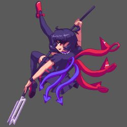 Rule 34 | 1girl, :d, ahoge, armband, asymmetrical wings, black dress, black hair, black thighhighs, blue wings, dress, grey background, high heels, holding, holding polearm, holding weapon, houjuu nue, looking at viewer, looking back, lowres, open mouth, pixel art, pointy ears, polearm, potemki11, red eyes, red footwear, red wings, short sleeves, simple background, smile, solo, thighhighs, touhou, trident, weapon, wings