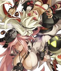 Rule 34 | 2girls, amputee, ass-to-ass, baiken, big hair, black gloves, black kimono, breasts, cleavage, clenched teeth, commentary request, cosplay, costume switch, eyepatch, facial tattoo, gloves, guilty gear, guilty gear xrd, hat, highres, jack-o&#039; valentine, jacket, jacket on shoulders, jako (toyprn), japanese clothes, jewelry, kataginu, kimono, large breasts, multicolored clothes, multicolored kimono, multiple girls, necklace, one-eyed, open clothes, open kimono, open mouth, pink eyes, pink hair, ponytail, red eyes, samurai, scar, scar across eye, scar on face, smoking pipe, strap, tattoo, teeth, tongue, tongue out, white hair, white kimono