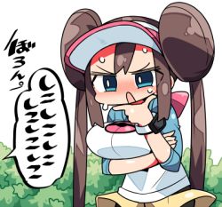 Rule 34 | 1girl, back bow, black pantyhose, blouse, blue eyes, blush, bow, breasts, brown hair, bush, chibi, creatures (company), crossed arms, double bun, female focus, game freak, hair bun, hand on own chin, hand up, hat, japanese text, kanikama, large breasts, long hair, long sleeves, lowres, nintendo, nose blush, open mouth, outdoors, pantyhose, pink bow, pink hat, poke ball symbol, poke ball theme, pokemon, pokemon bw2, pokemon masters ex, raglan sleeves, rosa (pokemon), shirt, short shorts, shorts, solo, speech bubble, standing, stroking own chin, sweat, talking, thinking, translation request, twintails, visor cap, watch, white background, white shirt, wristwatch, yellow shorts