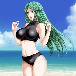 Rule 34 | 1girl, beach, blush, breasts, day, green eyes, green hair, highres, kid icarus, kid icarus uprising, large breasts, long hair, navel, open mouth, palutena, sky, solo, swimsuit, tamamon, very long hair, water