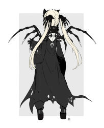 1girl backless_outfit blonde_hair death_(entity) from_behind full_body grey_background grim_reaper highres kuroi_susumu long_hair original pale_skin platform_footwear skeletal_wings solo standing torn_clothes twintails two-tone_background very_long_hair white_background wings