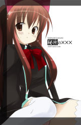 Rule 34 | 1girl, :o, aloe, aloe (quiz magic academy), black dress, blush, bow, bowtie, brown hair, dress, long hair, long sleeves, looking at viewer, minase shuu, panties, parted lips, pink panties, quiz magic academy, red bow, red bowtie, simple background, solo, sweat, thighhighs, underwear, very long hair, white background, white thighhighs