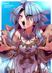 Rule 34 | 1girl, against fourth wall, ahoge, armpit crease, bare shoulders, blanc (neptunia), blanc (neptunia) (cosplay), blue background, blue hair, breasts, cheek squash, cleavage, collarbone, commentary request, commission, cosplay, cowboy shot, dress, eyes visible through hair, fur-trimmed jacket, fur trim, highres, jacket, long sleeves, looking at viewer, neptune (series), off shoulder, one eye closed, open mouth, parted bangs, power symbol, power symbol-shaped pupils, red eyes, short hair, short hair with long locks, sidelocks, skeb commission, sleeveless, sleeveless dress, small breasts, solo, spaghetti strap, standing, symbol-shaped pupils, teeth, tongue, tukiwani, upper teeth only, white dress, white heart (neptunia), white jacket