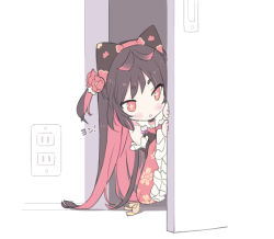 Rule 34 | + +, 1girl, animal ears, bare shoulders, black hair, blade (galaxist), blush stickers, chibi, commentary request, detached sleeves, electrical outlet, electrical outlet, fake animal ears, flower, frilled sleeves, frills, hair flower, hair ornament, hairband, long hair, long sleeves, multicolored hair, nekoyama nae, one side up, open door, parted lips, peeking out, red eyes, red flower, red hair, red hairband, red sleeves, solo, toranoana, two-tone hair, very long hair, virtual youtuber, wide sleeves
