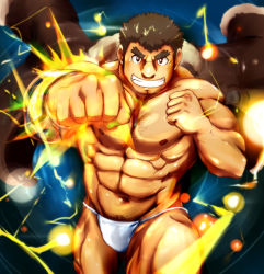 Rule 34 | 1boy, abs, bara, bare pectorals, bulge, chest hair, dark-skinned male, dark skin, doro rich, facial hair, feet out of frame, forked eyebrows, fundoshi, grin, incoming attack, incoming punch, jacket, jacket on shoulders, japanese clothes, takabushi kengo, large pectorals, lightning, male focus, male underwear, muscular, muscular male, navel, navel hair, nipples, pectorals, punching, short hair, smile, solo, stomach, stubble, thick eyebrows, thick thighs, thighs, tokyo houkago summoners, underwear, white male underwear