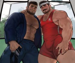 Rule 34 | 2boys, abs, bara, beard, body hair, bulge, chest hair, couple, dopey (dopq), facial hair, hand on another&#039;s neck, headband, highres, large pectorals, male focus, manly, multiple boys, muscular, nipples, original, pectorals, simple background, skin tight, thick thighs, thighs, topless male, wrestling outfit, yaoi