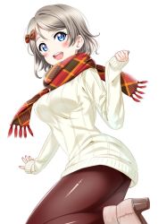 Rule 34 | black pantyhose, blue eyes, blush, boots, bow, breasts, brown hair, brown pantyhose, checkered clothes, checkered scarf, happy, high heel boots, high heels, highres, large breasts, leggings, love live!, love live! sunshine!!, pantyhose, sankuro (agoitei), scarf, short hair, simple background, sleeves past wrists, smile, solo, sweater, tagme, watanabe you, white background, white sweater