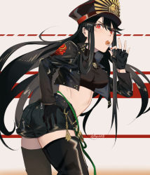 Rule 34 | 1girl, biker clothes, black hair, black thighhighs, candy, collared shirt, commentary, cowboy shot, fate/grand order, fate (series), food, hand on own hip, hat, koha-ace, lollipop, long hair, looking at viewer, march ab, midriff, oda nobunaga (fate), oda nobunaga (koha-ace), oda uri, red eyes, shako cap, shirt, short shorts, shorts, thighhighs, zettai ryouiki