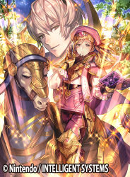Rule 34 | 2boys, beret, blonde hair, book, boots, brynhildr (tome), cape, copyright name, drill hair, father and son, fire emblem, fire emblem cipher, fire emblem fates, forrest (fire emblem), fujikawa arika, gloves, hairband, hat, horse, leaf, leo (fire emblem), long hair, male focus, multiple boys, nintendo, official art, sparkle, star (sky), trap, tree