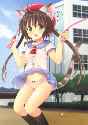 Rule 34 | 1girl, :o, ahoge, animal ears, bad id, bad pixiv id, beret, black socks, blue skirt, blue sky, blush, bow, bow panties, breasts, brown hair, cat ears, cat tail, clothes lift, cloud, cloudy sky, day, eijima moko, green eyes, hair between eyes, hands up, hat, highres, holding, jump rope, kneehighs, legs together, long hair, looking at viewer, moe2017, open mouth, original, outdoors, panties, pink panties, red bow, school, school uniform, skirt, skirt lift, sky, small breasts, socks, solo, sparkle, standing, tail, tareme, twintails, underwear, upskirt, very long hair, wind, wind lift
