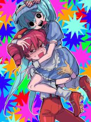 Rule 34 | 2girls, black eyes, blue dress, blue hair, bow, carrying, carrying person, dress, drill hair, hat, hatsune miku, kasane teto, long hair, looking at viewer, mesmerizer (vocaloid), multiple girls, open mouth, pants, pink eyes, pink footwear, pink hair, pink pants, puffy short sleeves, puffy sleeves, red hat, roller skates, sharp teeth, short sleeves, skates, smile, striped bow, sweat, teeth, tpchk, twin drills, twintails, utau, very long hair, visor cap, vocaloid