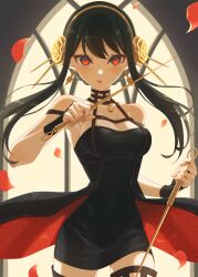 Rule 34 | 1girl, black hair, clothes lift, dagger, dress, dress lift, earrings, gold earrings, gold hairband, hairband, highres, holding, holding dagger, holding knife, holding weapon, jewelry, knife, looking at viewer, miri (cherryjelly), petals, red eyes, rose petals, short hair with long locks, solo, spy x family, stiletto (weapon), two-sided dress, two-sided fabric, weapon, yor briar