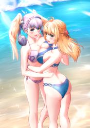 Rule 34 | 2girls, absurdres, ass, beach, bikini, blonde hair, blue eyes, breast press, breasts, cleavage, curly hair, day, fiora (xenoblade), from behind, green eyes, head wings, highres, large breasts, looking back, melia antiqua, mercury xeno, multiple girls, nintendo, open mouth, outdoors, silver hair, swimsuit, symmetrical docking, water, wings, xenoblade chronicles (series), xenoblade chronicles 1