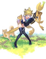 Rule 34 | 1boy, banana, biting, biting clothes, blush, boots, crossdressing, dog, food, fruit, full body, headset, kagamine len, knees together feet apart, magical girl, male focus, mouth hold, naoko (naonocoto), open mouth, shiba inu, skirt, sleeves past wrists, staff, tears, thigh boots, thighhighs, thighs, trap, vocaloid