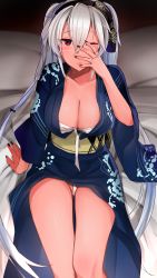 Rule 34 | 1girl, black nails, blue kimono, breasts, budget sarashi, cleavage, collarbone, dark-skinned female, dark skin, glasses, hand over face, headband, highres, japanese clothes, jewelry, kantai collection, kimono, large breasts, long hair, looking at viewer, musashi (kancolle), musashi kai ni (kancolle), nail polish, one eye closed, open clothes, open kimono, red eyes, ring, sarashi, sitting, solo, twintails, very long hair, wedding band, white hair, yunamaro