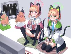 Rule 34 | 2girls, :q, animal ear headphones, animal ears, black skirt, black thighhighs, blonde hair, blue archive, blue necktie, blush, bow, brand name imitation, cat ears, cat tail, coat, controller, crt, dorymin, fake animal ears, fake tail, famicom, flying sweatdrops, game console, game controller, green eyes, grey background, hair bow, halo, headphones, highres, knees up, midori (blue archive), momoi (blue archive), multiple girls, necktie, no shoes, off shoulder, panties, pantyshot, pillow, pink eyes, playing games, pong, ribbon, shirt, short hair, siblings, simple background, sisters, sitting, skirt, smile, spread legs, tail, television, thighhighs, thighs, tongue, tongue out, twins, underwear, upskirt, white coat, white panties, white shirt