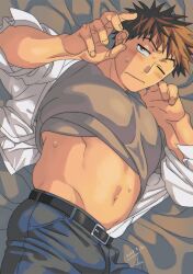 Rule 34 | 1boy, abs, bara, blush, brown hair, clothes lift, dark-skinned male, dark skin, feet out of frame, flustered, from above, furrowed brow, groin, hands up, highres, large pectorals, looking at viewer, lying, male focus, mature male, muscular, muscular male, navel, nipples, on bed, on side, one eye closed, open clothes, open shirt, original, pectorals, sagami jon, shirt lift, short hair, solo, sweat