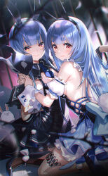 Rule 34 | 2girls, animal ears, blue hair, blush, closed mouth, don-chan (usada pekora), dual persona, fake animal ears, fishnet thighhighs, fishnets, high heels, highres, hikosan, holding, holding mask, hololive, long hair, looking at viewer, mask, unworn mask, multiple girls, rabbit ears, rabbit mask, red eyes, signature, sitting, smile, thick eyebrows, thighhighs, usada pekora, usada pekora (furi furi bunny dress), virtual youtuber