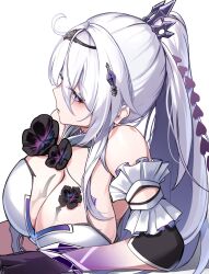 Rule 34 | 1girl, absurdres, alternate breast size, breasts, cleavage, closed mouth, commentary, from above, godcastlenoa, hair between eyes, high ponytail, highres, honkai (series), honkai impact 3rd, kiana kaslana, kiana kaslana (herrscher of finality), large breasts, long hair, purple eyes, simple background, solo, white background, white hair