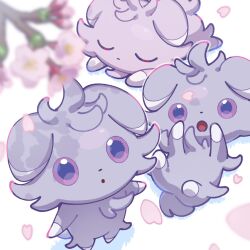 Rule 34 | :o, animal focus, blue pupils, blurry, blurry foreground, branch, cherry blossoms, closed eyes, creatures (company), espurr, flower, game freak, gen 6 pokemon, highres, lying, nintendo, no humans, omochi (omotimotittona3), on back, on stomach, open mouth, petals, pink flower, pokemon, pokemon (creature), purple eyes, standing, u u
