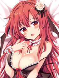 Rule 34 | 1girl, :d, babydoll, bare shoulders, black babydoll, blush, breasts, cleavage, commentary request, detached collar, front-tie top, hair ornament, head tilt, headband, heart, heart-shaped pupils, koakuma, large breasts, long hair, looking at viewer, maturiuta sorato, nipples, open mouth, red eyes, red headband, sidelocks, simple background, smile, solo, strap slip, symbol-shaped pupils, touhou, upper body, white background, wrist cuffs