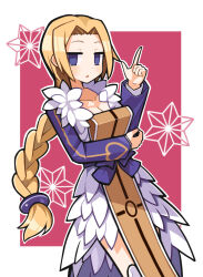 1girl :o angel arm_under_breasts armor blonde_hair blue_eyes border bow braid braided_ponytail breasts brown_loincloth cleavage collarbone commentary cowboy_shot curtained_hair disgaea dot_nose feather_dress female_angel_(disgaea) french_braided_ponytail greaves hair_intakes hand_on_own_elbow hand_up highres index_finger_raised jacket jitome knee_guards loincloth long_hair looking_at_viewer low-tied_long_hair no_pupils outline outside_border parted_hair parted_lips pink_background pointing pointing_up purple_bow purple_jacket raised_eyebrows red_background solo standing suaman two-tone_background waist_bow white_border white_outline