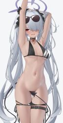 Rule 34 | 1girl, absurdly long hair, absurdres, arms up, bikini bottom pull, bikini pull, black choker, black gloves, blue archive, breasts, censored, choker, clothes pull, demon tail, eyewear on head, gloves, grey hair, hair over one eye, halo, highres, holding own arm, iori (blue archive), iori (swimsuit) (blue archive), long hair, multi-strapped bikini bottom, navel, red eyes, simple background, small breasts, solo, stomach, sunglasses, sweat, tail, tail censor, tan, thigh strap, twintails, very long hair, white background, z.taiga
