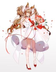 Rule 34 | 1girl, :d, angelina (arknights), animal ears, arknights, bad id, bad pixiv id, bare shoulders, bouquet, brown hair, choker, dress, flower, fox ears, full body, hair between eyes, hairband, hand up, high heels, highres, holding, holding bouquet, legs, long hair, nail polish, open mouth, red footwear, red nails, simple background, smile, solo, standing, string, string of fate, taiz22, twintails, wedding dress, white background, white dress