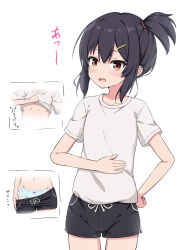 Rule 34 | 1girl, :d, black hair, black shorts, blue panties, blush, bow, bow panties, breasts, brown eyes, clothes lift, clothes pull, commentary request, dolphin shorts, grey shirt, groin, hair between eyes, hair ornament, hairclip, hand on own stomach, high ponytail, highres, lifting own clothes, navel, open mouth, original, panties, pulling own clothes, shirt, shirt lift, short shorts, short sleeves, shorts, shorts pull, side ponytail, simple background, small breasts, smile, solo, takasuma hiro, translation request, underboob, underwear, white background