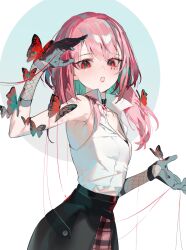 Rule 34 | 1girl, black choker, breasts, bug, butterfly, choker, circle, collared shirt, colored inner hair, cowboy shot, expressionless, facial tattoo, fishnet armwear, from side, highres, holding, holding ribbon, insect, long hair, mizumi zumi, multicolored hair, open mouth, original, pink hair, plaid, plaid skirt, plunging neckline, red butterfly, red eyes, ribbon, shadow, shirt, skirt, sleeveless, small breasts, solo, standing, streaked hair, tattoo, too many, too many butterflies, two-tone gloves, white background, white shirt