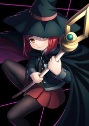 Rule 34 | 1girl, black background, black cape, black headwear, black jacket, black pantyhose, brown eyes, brown vest, cape, closed mouth, danganronpa (series), danganronpa v3: killing harmony, foot out of frame, hat, highres, holding, holding staff, jacket, long sleeves, miniskirt, open clothes, open jacket, pantyhose, red hair, red skirt, short hair, simple background, skirt, solo, staff, taba neruko, vest, witch hat, yumeno himiko