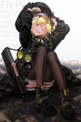 Rule 34 | 1girl, ;d, absurdres, arms up, text background, black footwear, black gloves, black jacket, black shirt, blonde hair, breasts, brown thighhighs, bullpup, character name, commentary request, commission, double bun, english text, eyewear on head, gas mask, girls&#039; frontline, gloves, grey background, gun, hair bun, highres, holding, jacket, knees up, long sleeves, mask, medium breasts, name connection, object namesake, one eye closed, open clothes, open jacket, open mouth, p90, p90 (girls&#039; frontline), partially fingerless gloves, personal defense weapon, puffy long sleeves, puffy sleeves, red eyes, shirt, shoes, short shorts, shorts, simple background, sitting, smile, solo, submachine gun, teeth, thighhighs, tinted eyewear, tsukinowa kousuke, upper teeth only, weapon, white shorts, yellow-tinted eyewear