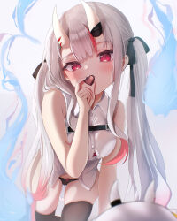Rule 34 | 1girl, absurdres, bare shoulders, highres, hololive, horns, long hair, looking at viewer, nakiri ayame, oni, red eyes, solo, terra bose, twintails, valentine, virtual youtuber, white hair