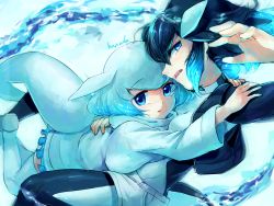 Rule 34 | 10s, 2girls, aqua hair, beluga whale (kemono friends) (stylecase), black hair, blowhole, blue eyes, bodysuit, borrowed character, cetacean tail, commentary request, fictional persona, fins, fish tail, frilled skirt, frills, hanada (cobalt003), highres, jacket, kemono friends, killer whale (kemono friends) (stylecase), long sleeves, multicolored hair, multiple girls, original, short hair, shorts, signature, skirt, sleeveless, sweater, tail, thighhighs, water, whale tail (clothing), white hair, zettai ryouiki