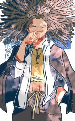 Rule 34 | 1boy, blonde hair, blue background, brown hair, brown jacket, brown pants, closed mouth, collared shirt, commentary request, cowboy shot, danganronpa: trigger happy havoc, danganronpa (series), dated, dreadlocks, facial hair, finger to own nose, hagakure yasuhiro, hand on own face, hand up, happy birthday, jacket, jacket on shoulders, kiri (2htkz), long hair, long sleeves, looking at viewer, male focus, one eye closed, open clothes, open shirt, pants, shirt, simple background, solo, stubble, upper body, white background, white shirt