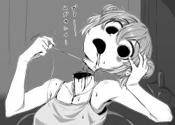 Rule 34 | 1girl, 4shi, blood, blood on clothes, blood on face, camisole, commentary request, dango-chan (4shi), disembodied head, double bun, greyscale, guro, hair between eyes, hair bun, highres, holding head, hollow eyes, monochrome, open mouth, original, short hair, solo, stitching, translated