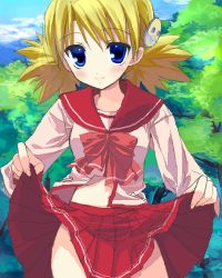 Rule 34 | 00s, 1girl, blonde hair, blue eyes, blush, bow, chimaro, clothes lift, hair ornament, hairclip, lifted by self, lowres, midriff, outdoors, pleated skirt, sasamori karin, school uniform, serafuku, short twintails, skirt, skirt lift, sky, smile, solo, thighs, to heart (series), to heart 2, tree, twintails