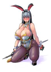 Rule 34 | 1girl, alternate costume, animal ears, bare shoulders, black gloves, black pantyhose, blush, breasts, cleavage, detached collar, fake animal ears, full body, gloves, holding, holding weapon, kneeling, large breasts, leotard, long hair, looking at viewer, nose blush, on one knee, open mouth, pantyhose, playboy bunny, rabbit ears, red eyes, selvaria bles, senjou no valkyria (series), silver hair, solo, tsuda nanafushi, very long hair, weapon, wrist cuffs