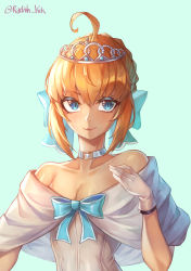 Rule 34 | 1girl, absurdres, ahoge, artoria pendragon (all), artoria pendragon (fate), bare shoulders, blue background, blue bow, blue eyes, blue ribbon, bow, braid, breasts, capelet, collarbone, fate/grand order, fate (series), french braid, gloves, hair between eyes, highres, looking at viewer, radishkek, ribbon, saber (fate), small breasts, smile, solo, tiara, upper body, white gloves