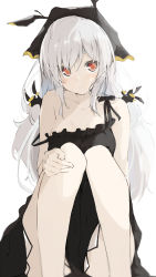 Rule 34 | 1girl, alternate costume, arknights, bare arms, bare shoulders, black dress, blush, breasts, collarbone, commentary, dress, feet out of frame, highres, knees together feet apart, kusunoki (gwzx5574), long hair, looking at viewer, red eyes, silver hair, simple background, sitting, small breasts, smile, solo, spaghetti strap, strap slip, very long hair, weedy (arknights), white background