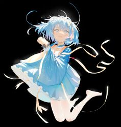 Rule 34 | 1girl, absurdres, black background, blue dress, blue eyes, blue hair, borrowed character, breasts, cleavage, detached collar, dress, full body, hair ornament, highres, light blue hair, looking at viewer, nin (lion), original, own hands together, ribbon, small breasts, solo, tears, thighhighs, wavy mouth, white thighhighs, wide sleeves
