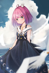Rule 34 | 1girl, absurdres, ahoge, bare shoulders, beach, bird, cloud, crescent, crescent necklace, crown, dove, dress, highres, himemori luna, himemori luna (sundress), hololive, jewelry, mini crown, moon (ornament), multicolored eyes, necklace, ocean, pendant, pink hair, short hair, solo, star (symbol), virtual youtuber