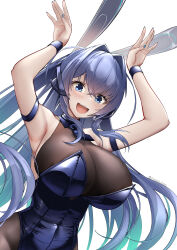 Rule 34 | 1girl, :d, absurdly long hair, absurdres, animal ears, arm strap, armpits, arms up, azur lane, bare shoulders, blue eyes, blue hair, blue leotard, blue nails, blue necktie, blush, bodystocking, breasts, cleavage, commentary, covered navel, cowboy shot, crossed bangs, fake animal ears, gradient hair, hair between eyes, hair intakes, headgear, highleg, highleg leotard, highres, irkawaza, large breasts, leotard, long hair, looking at viewer, multicolored hair, necktie, new jersey (azur lane), new jersey (exhilarating steps!) (azur lane), official alternate costume, open mouth, oversized breast cup, pantyhose, playboy bunny, rabbit ears, see-through, see-through cleavage, short necktie, sidelocks, simple background, smile, solo, standing, strapless, strapless leotard, teeth, twitter username, upper teeth only, very long hair, white background, wrist cuffs