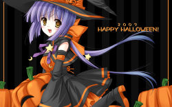 Rule 34 | 00s, 1girl, 2007, boots, detached sleeves, food-themed hair ornament, hair ornament, halloween, happy halloween, hasegawa yukino, hat, jack-o&#039;-lantern, pumpkin, pumpkin hair ornament, purple hair, short hair, skirt, smile, solo, wallpaper, witch hat, yellow eyes