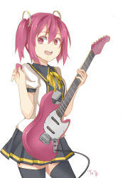 Rule 34 | 1girl, black skirt, black thighhighs, chiiririn, dated, female focus, guitar, hair ornament, instrument, open mouth, original, pink eyes, pink hair, short hair, short sleeves, simple background, skirt, solo, thighhighs, twintails, white background, zettai ryouiki