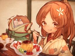 Rule 34 | 1girl, :p, animal, blush, bokukawauso, brown eyes, brown hair, brown kimono, chair, closed mouth, clothed animal, commentary request, floral print, flower, food, green hakama, hair flower, hair ornament, hakama, hakama skirt, holding, holding spoon, indoors, japanese clothes, kantai collection, kimono, long hair, looking at viewer, otter, parted bangs, ponytail, print kimono, pudding, short eyebrows, signature, skirt, smile, spoon, table, thick eyebrows, tongue, tongue out, white flower, wss (nicoseiga19993411), yashiro (kancolle)