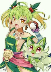 Rule 34 | 1girl, :d, ahoge, breasts, cat, commentary request, creatures (company), earrings, eyelashes, fang, fangs, game freak, gradient hair, green fur, green hair, hair bobbles, hair ornament, hikouki (umiko003), holding, holding poke ball, jewelry, leaf, leaf hair ornament, multicolored hair, necklace, nintendo, open mouth, orange eyes, overall skirt, poke ball, pokemon, pokemon (creature), red eyes, ricotta (ys), ringed eyes, short hair, simple background, small breasts, smile, sprigatito, strap slip, tail, twintails, white background, ys, ys viii lacrimosa of dana