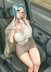 Rule 34 | 1girl, blue hair, breasts, brown eyes, brown skirt, car interior, cleavage, collared shirt, dress shirt, from above, glasses, hair bun, hand on own chest, highres, jacket, jacket on shoulders, kondjol san, large breasts, looking at viewer, miniskirt, office lady, original, partially unbuttoned, pencil skirt, shirt, sidelocks, single hair bun, sitting, skirt, thick thighs, thighs, white shirt