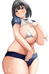 Rule 34 | 1girl, absurdres, black hair, blue hair, blush, bra, breasts, brown eyes, chestnut mouth, clothes pull, colored inner hair, hair ornament, hairclip, highres, huge breasts, looking at viewer, multicolored hair, navel, neneneji, original, plump, shirt, shirt pull, short hair, simple background, solo, t-shirt, thick thighs, thighs, underwear, white background, white bra