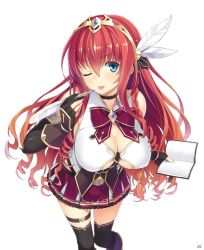 Rule 34 | 10s, 1girl, ange vierge, black thighhighs, blue eyes, blush, bow, breasts, cleavage, closed eyes, collar, elbow gloves, fingerless gloves, gloves, hair ornament, jewelry, large breasts, long hair, looking at viewer, official art, one eye closed, pleated skirt, red hair, ribbon, simple background, skirt, sleeveless, solo, thighhighs, tongue, tongue out, white background, yuuki hagure